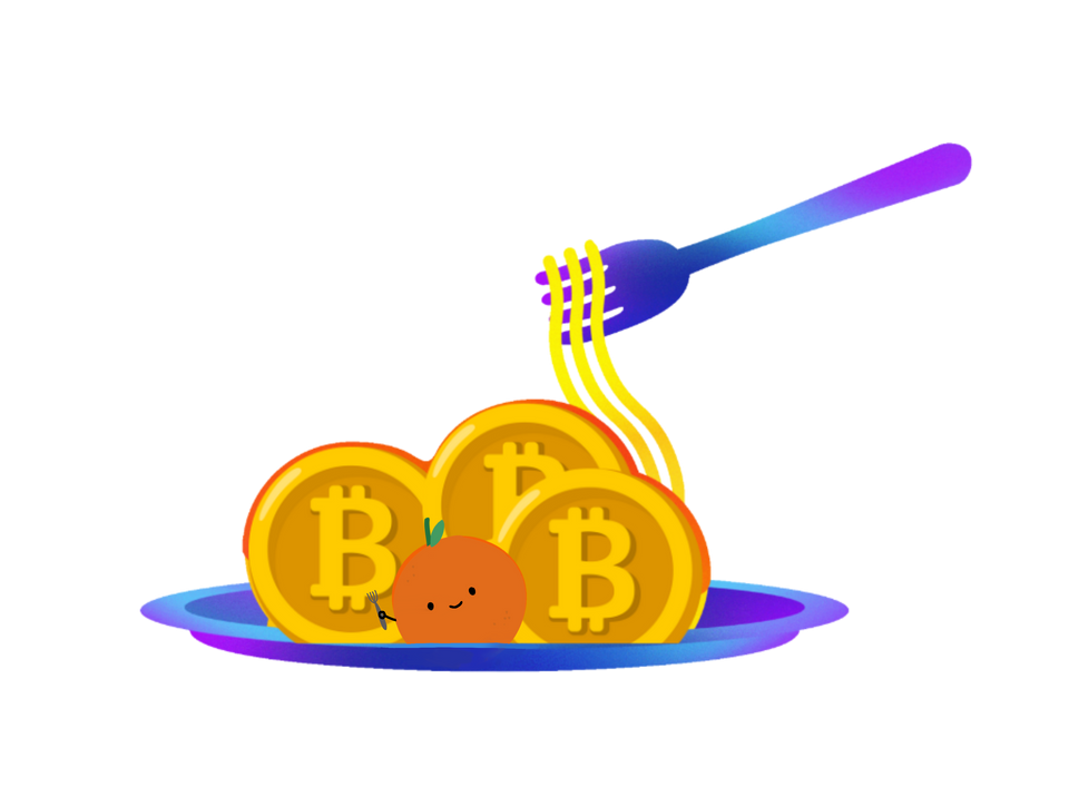 Purple fork picking up spaghetti from a plate with bitcoins and a cute smiling orange character.